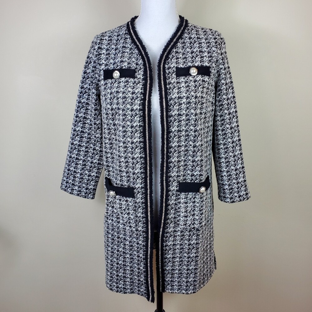 Joseph Ribkoff Womens Cover Up 2 Black White Silver Open Front 3/4 Sleeve Coat